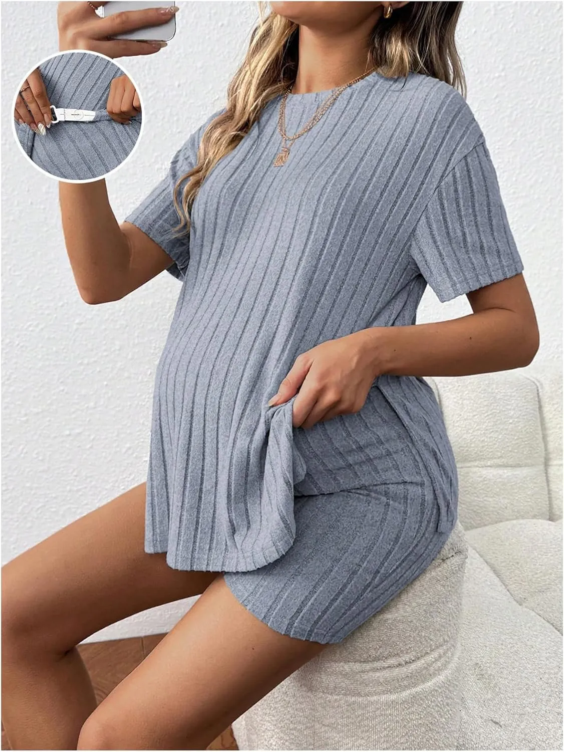 Women's Maternity Pajamas Set 2 Piece Outfits Rib Knit T Shirt and Biker Shorts Lounge Set Sleepwear