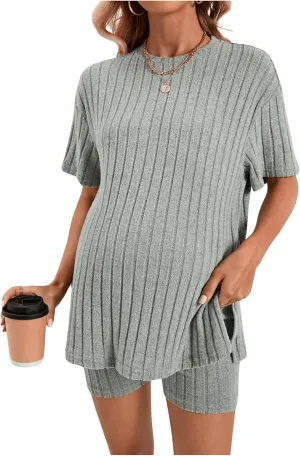 Women's Maternity Pajamas Set 2 Piece Outfits Rib Knit T Shirt and Biker Shorts Lounge Set Sleepwear