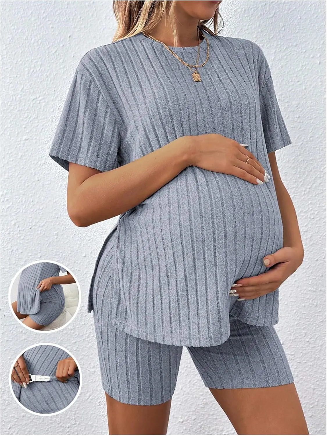 Women's Maternity Pajamas Set 2 Piece Outfits Rib Knit T Shirt and Biker Shorts Lounge Set Sleepwear