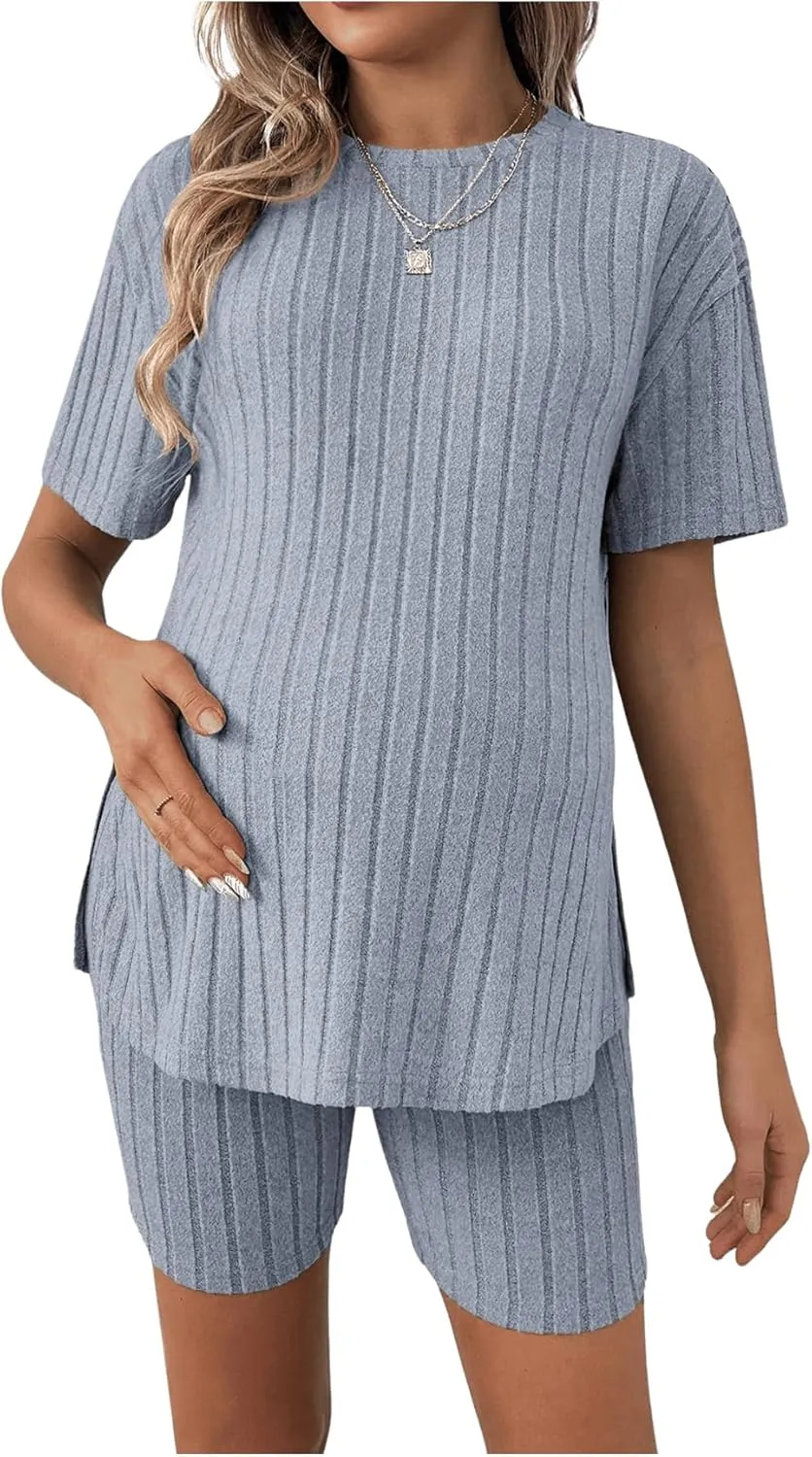 Women's Maternity Pajamas Set 2 Piece Outfits Rib Knit T Shirt and Biker Shorts Lounge Set Sleepwear