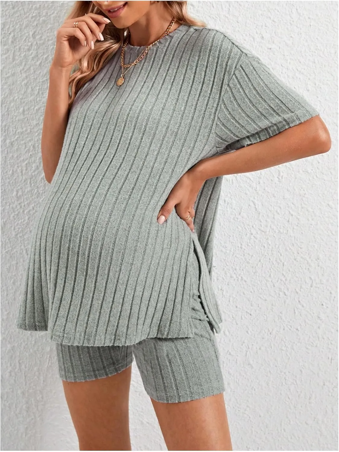 Women's Maternity Pajamas Set 2 Piece Outfits Rib Knit T Shirt and Biker Shorts Lounge Set Sleepwear