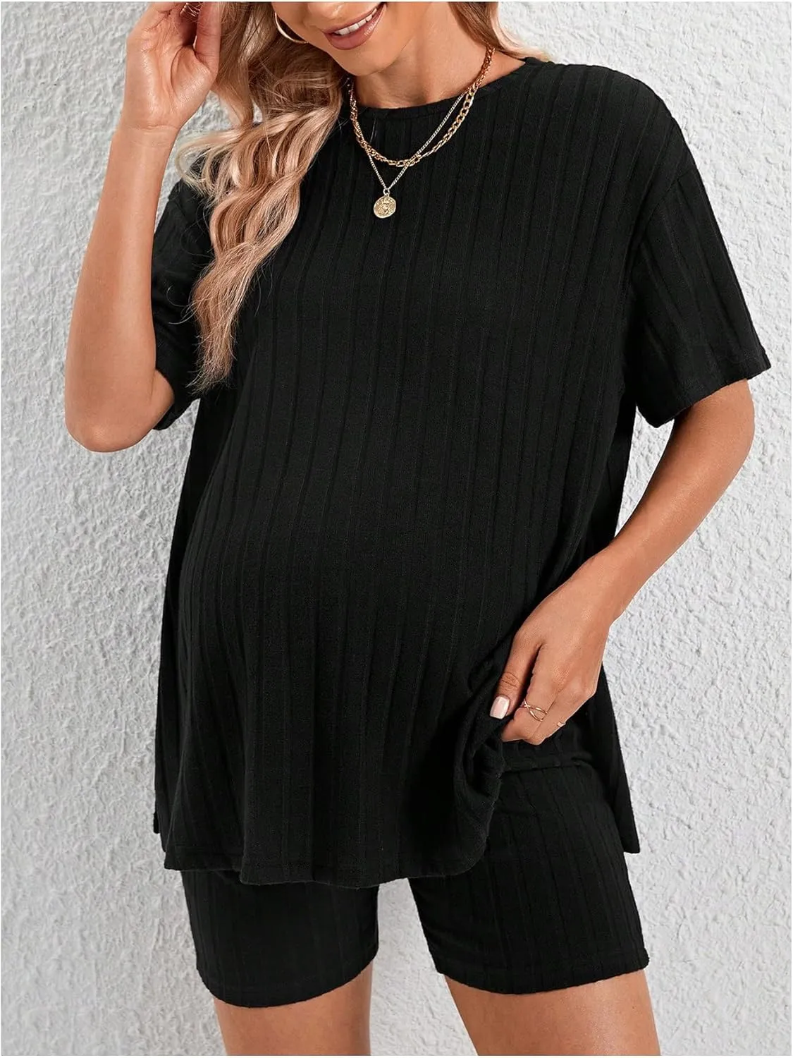 Women's Maternity Pajamas Set 2 Piece Outfits Rib Knit T Shirt and Biker Shorts Lounge Set Sleepwear
