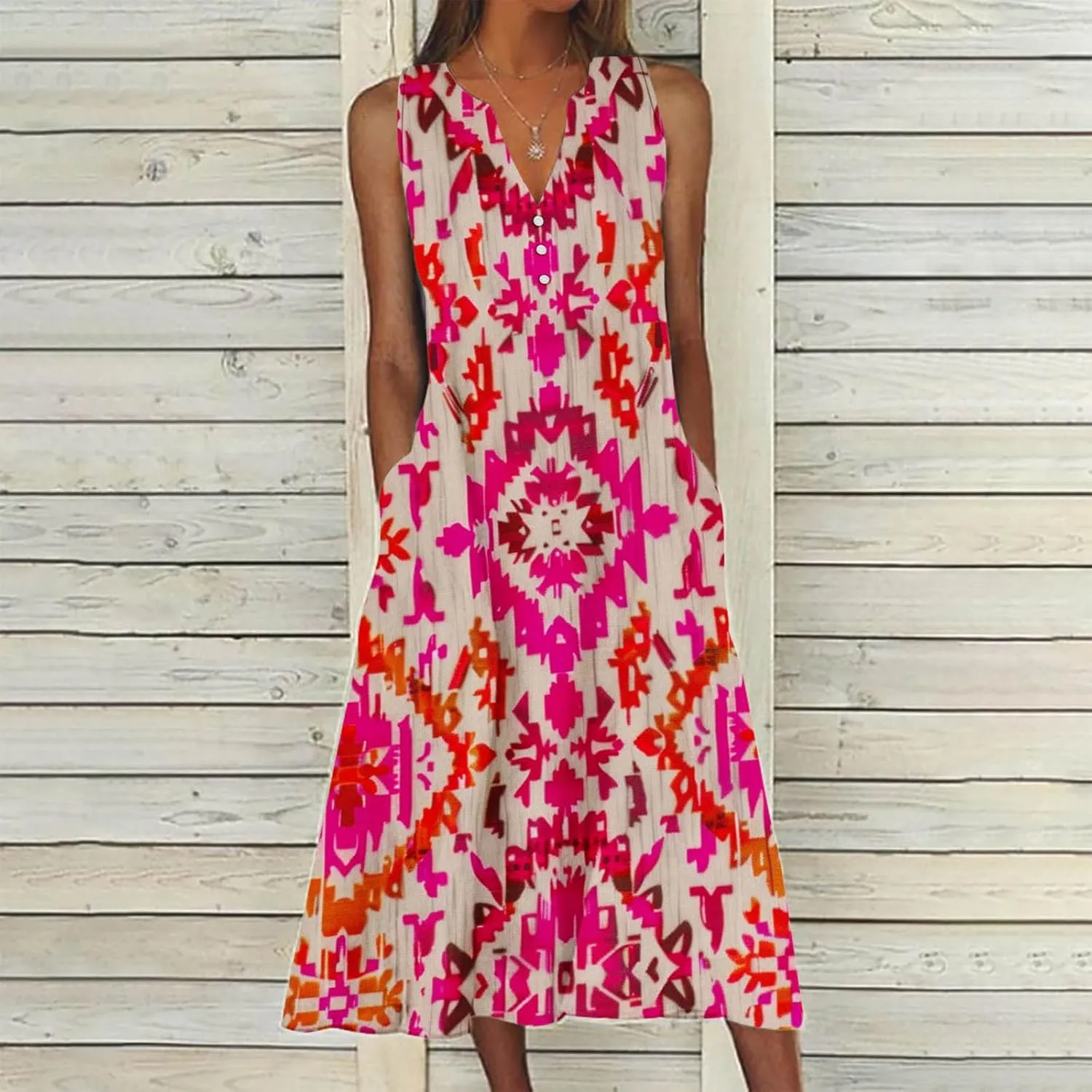 Women's Maxi Dress Fashion Printed Tank Dress Button V-Neck Sleeveless Dress Summer Boho Printed Long Dress