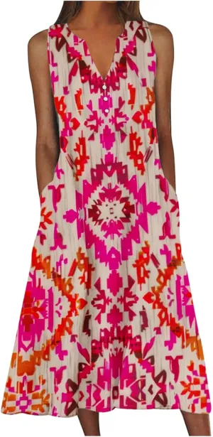 Women's Maxi Dress Fashion Printed Tank Dress Button V-Neck Sleeveless Dress Summer Boho Printed Long Dress