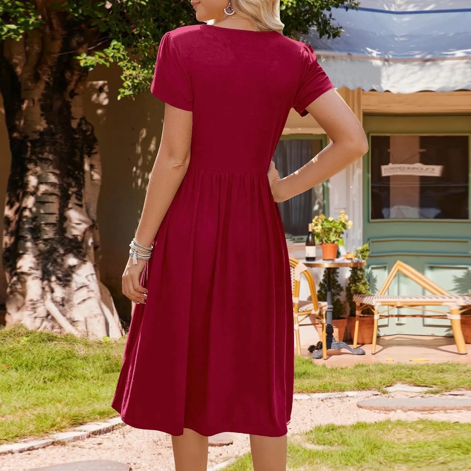 Women's Maxi Dresses Short Sleeve Crewneck Dresses Ruffle Flowy Flutter Ruffle Hem Dress Solid Color Dress Pocket
