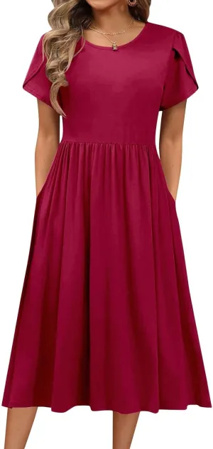 Women's Maxi Dresses Short Sleeve Crewneck Dresses Ruffle Flowy Flutter Ruffle Hem Dress Solid Color Dress Pocket