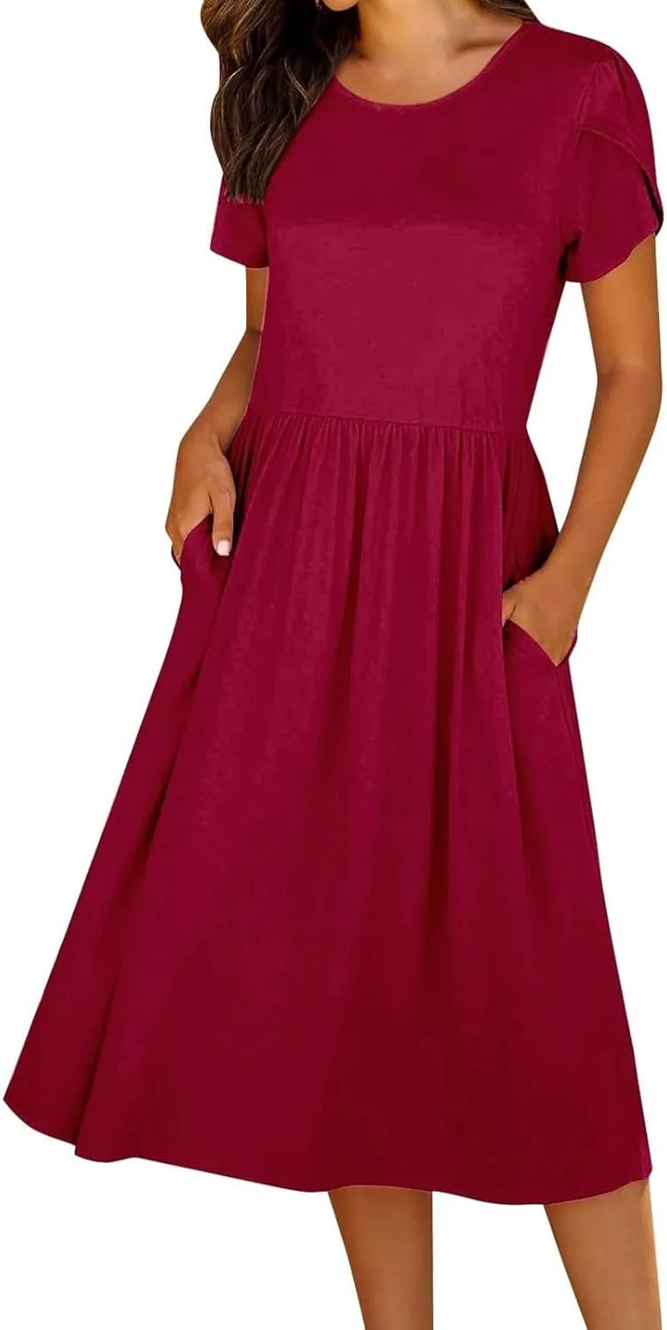 Women's Maxi Dresses Short Sleeve Crewneck Dresses Ruffle Flowy Flutter Ruffle Hem Dress Solid Color Dress Pocket