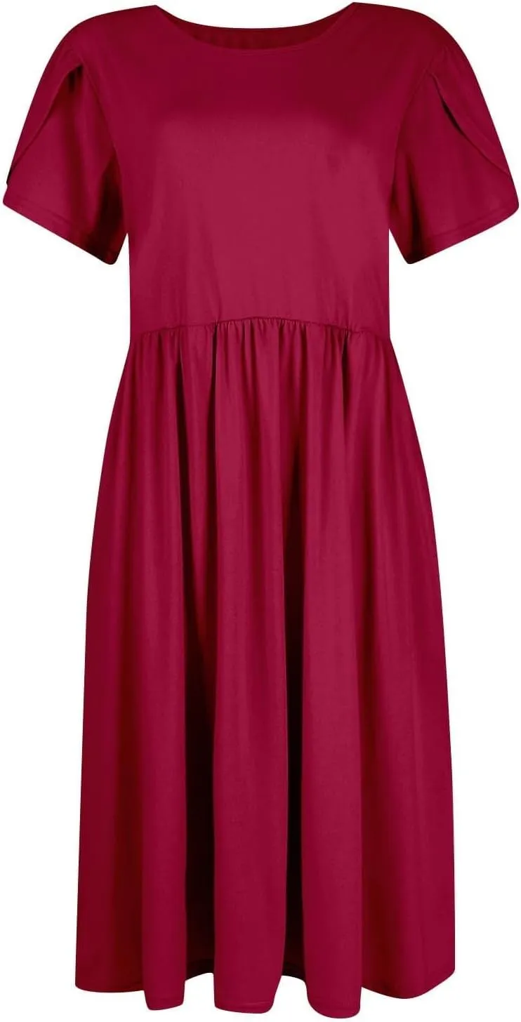 Women's Maxi Dresses Short Sleeve Crewneck Dresses Ruffle Flowy Flutter Ruffle Hem Dress Solid Color Dress Pocket