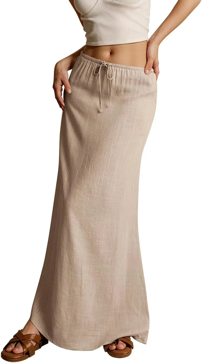 Womens Maxi Skirt Drawstring Waist Boho Long Slim Low Rise Cotton Linen A Line Cute Beach Vacation Flowy Skirt