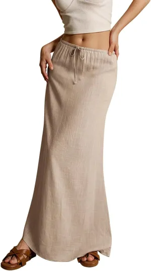 Womens Maxi Skirt Drawstring Waist Boho Long Slim Low Rise Cotton Linen A Line Cute Beach Vacation Flowy Skirt