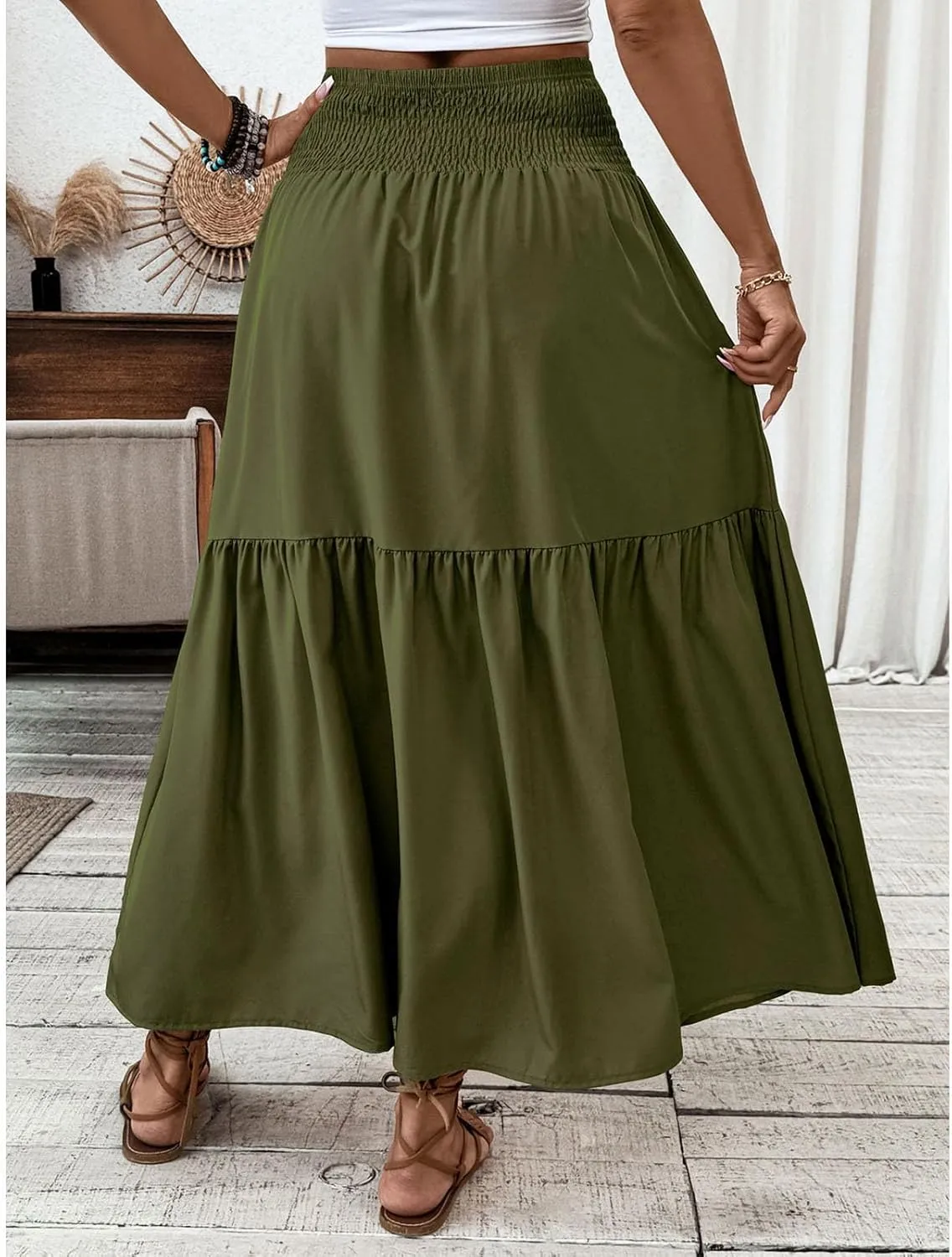 Womens Maxi Skirts Elastic High Waist A Line Flowy Long Skirts Summer Casual Layered Smocked Ruched Beach Skirt