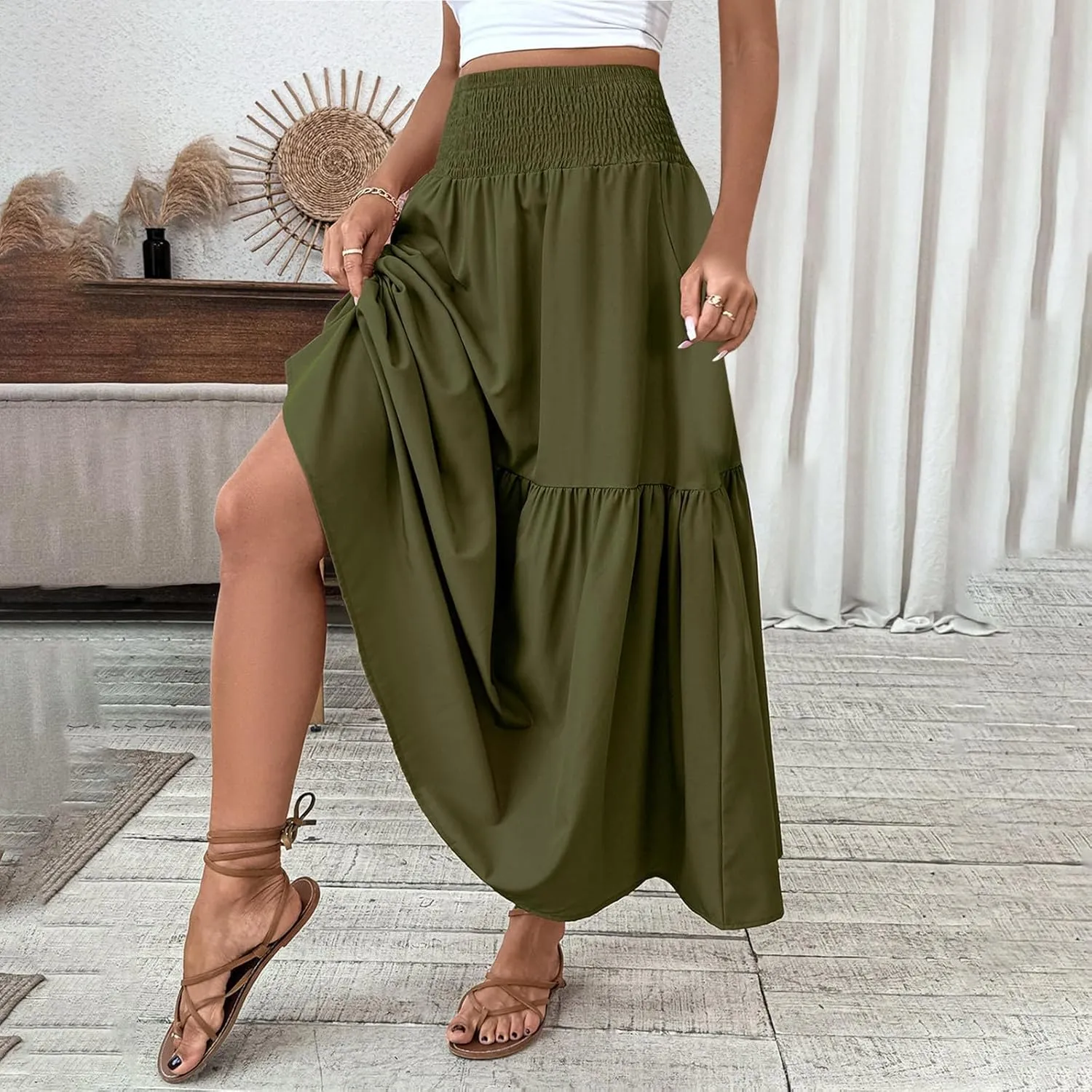 Womens Maxi Skirts Elastic High Waist A Line Flowy Long Skirts Summer Casual Layered Smocked Ruched Beach Skirt
