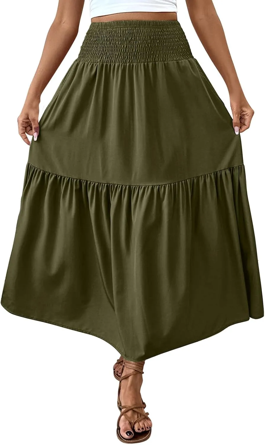 Womens Maxi Skirts Elastic High Waist A Line Flowy Long Skirts Summer Casual Layered Smocked Ruched Beach Skirt