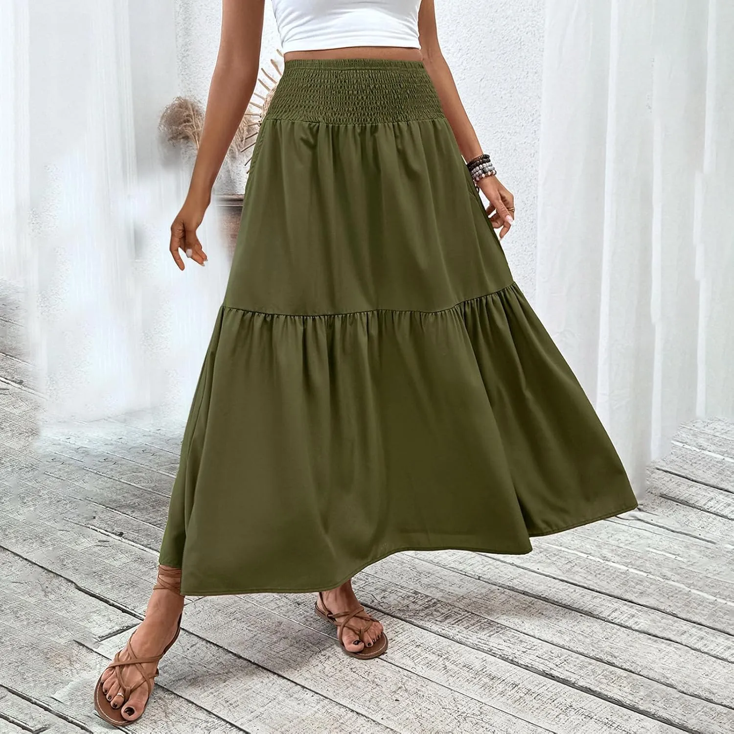Womens Maxi Skirts Elastic High Waist A Line Flowy Long Skirts Summer Casual Layered Smocked Ruched Beach Skirt