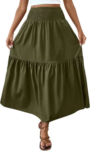 Womens Maxi Skirts Elastic High Waist A Line Flowy Long Skirts Summer Casual Layered Smocked Ruched Beach Skirt