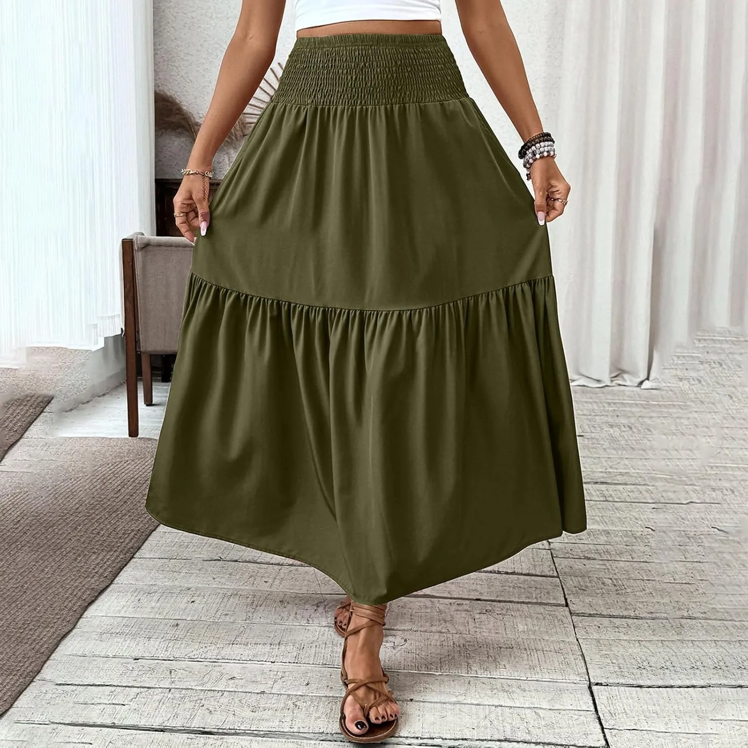 Womens Maxi Skirts Elastic High Waist A Line Flowy Long Skirts Summer Casual Layered Smocked Ruched Beach Skirt