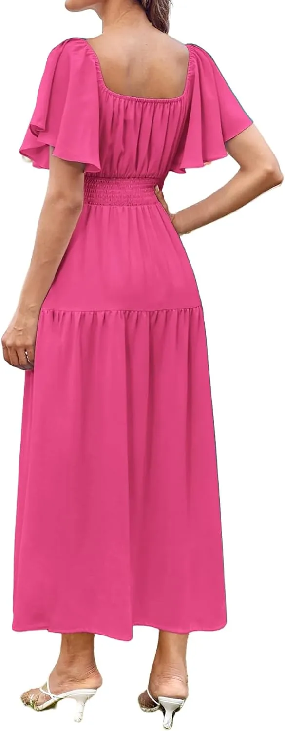 Womens Midi Dress Summer Suqare Neck Ruffle Short Sleeve Dresses Casual High Waist Tunic Tiered Beach Smocked Dress
