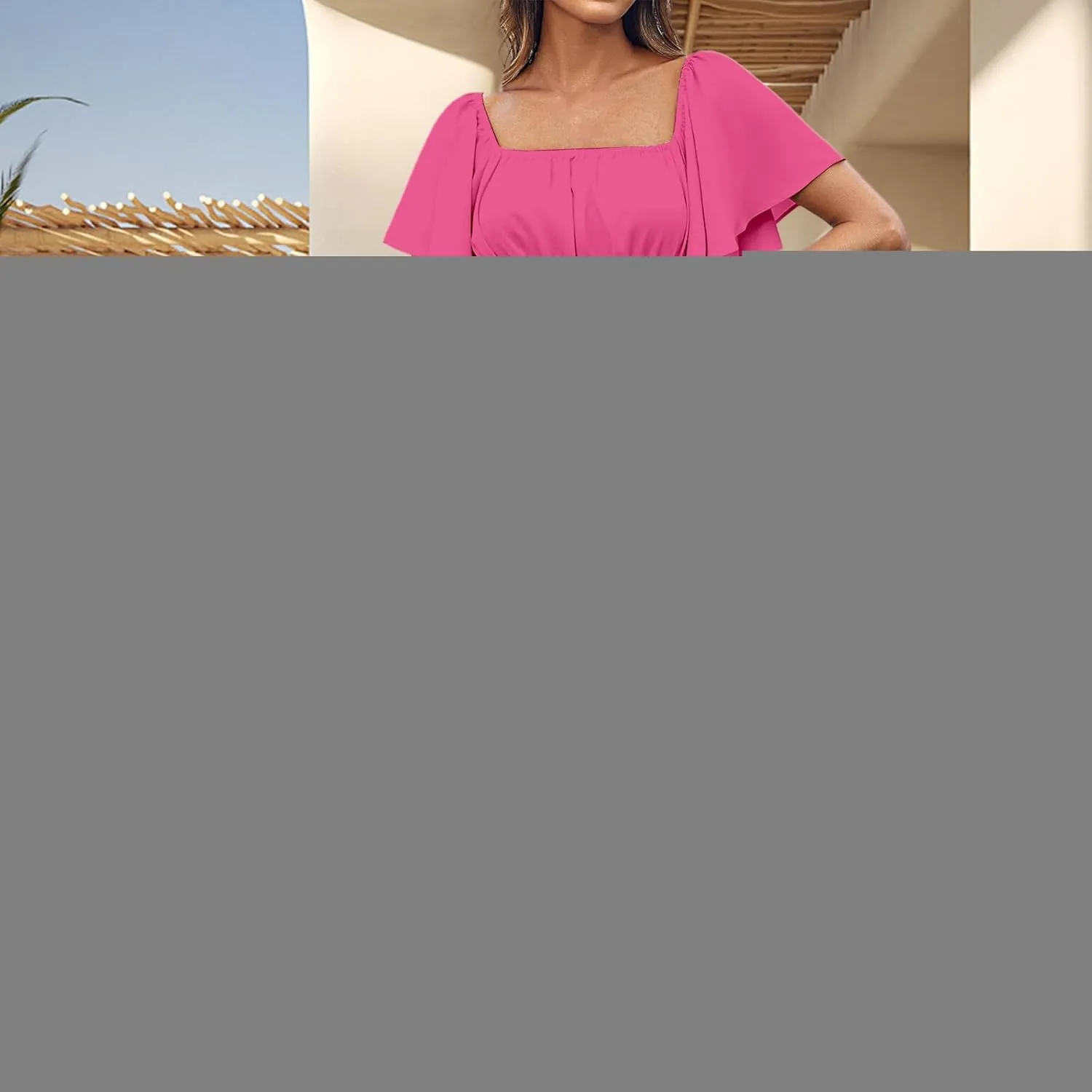 Womens Midi Dress Summer Suqare Neck Ruffle Short Sleeve Dresses Casual High Waist Tunic Tiered Beach Smocked Dress