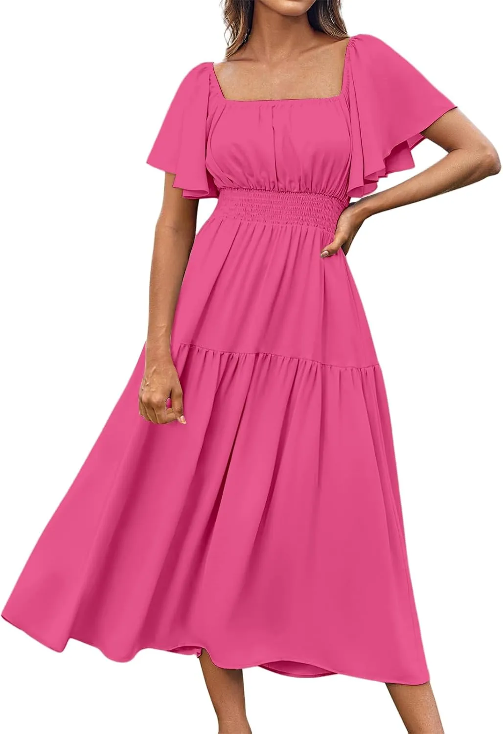 Womens Midi Dress Summer Suqare Neck Ruffle Short Sleeve Dresses Casual High Waist Tunic Tiered Beach Smocked Dress
