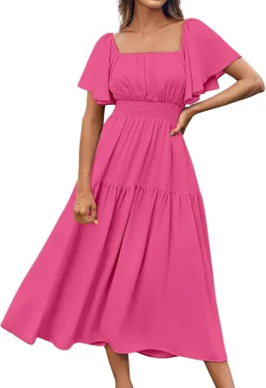 Womens Midi Dress Summer Suqare Neck Ruffle Short Sleeve Dresses Casual High Waist Tunic Tiered Beach Smocked Dress