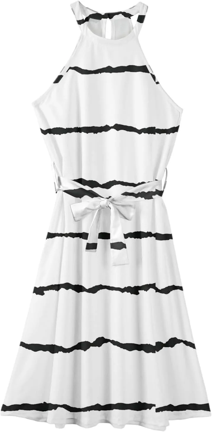 Womens Midi Halter Floral Dresses Casual Summer Flowy A Line Sundress Sleeveless Tie Empire Waist Frocks