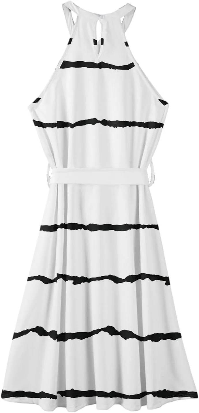 Womens Midi Halter Floral Dresses Casual Summer Flowy A Line Sundress Sleeveless Tie Empire Waist Frocks