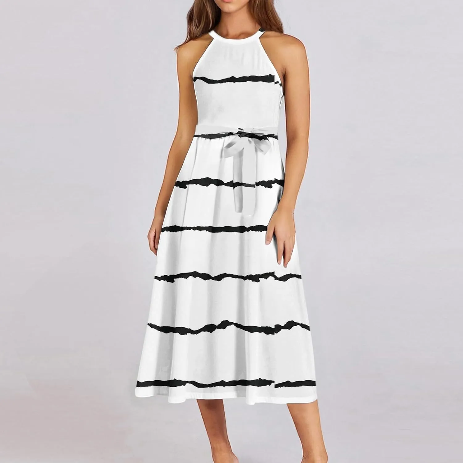 Womens Midi Halter Floral Dresses Casual Summer Flowy A Line Sundress Sleeveless Tie Empire Waist Frocks
