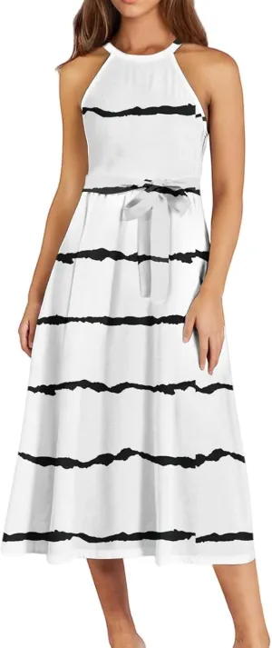 Womens Midi Halter Floral Dresses Casual Summer Flowy A Line Sundress Sleeveless Tie Empire Waist Frocks