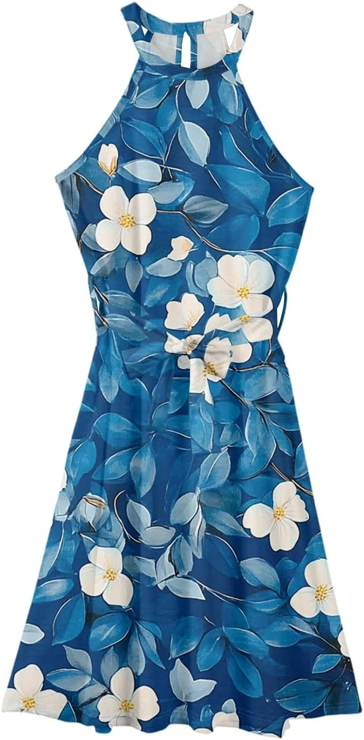 Womens Midi Halter Floral Dresses Casual Summer Flowy A Line Sundress Tie Empire Waist Sleeveless Frocks