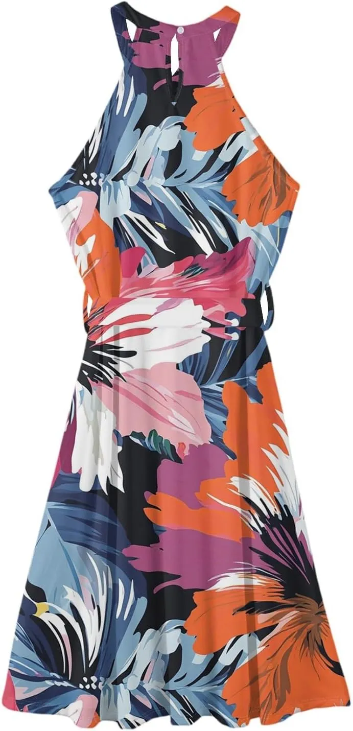 Womens Midi Halter Floral Dresses Casual Summer Flowy A Line Sundress Tie Empire Waist Sleeveless Frocks