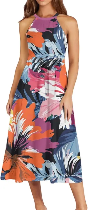 Womens Midi Halter Floral Dresses Casual Summer Flowy A Line Sundress Tie Empire Waist Sleeveless Frocks