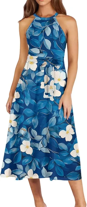 Womens Midi Halter Floral Dresses Casual Summer Flowy A Line Sundress Tie Empire Waist Sleeveless Frocks