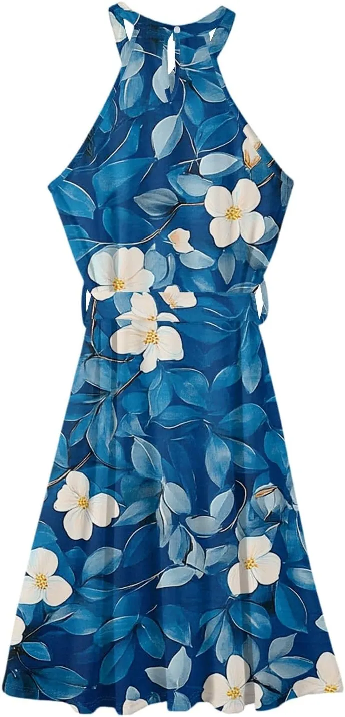 Womens Midi Halter Floral Dresses Casual Summer Flowy A Line Sundress Tie Empire Waist Sleeveless Frocks