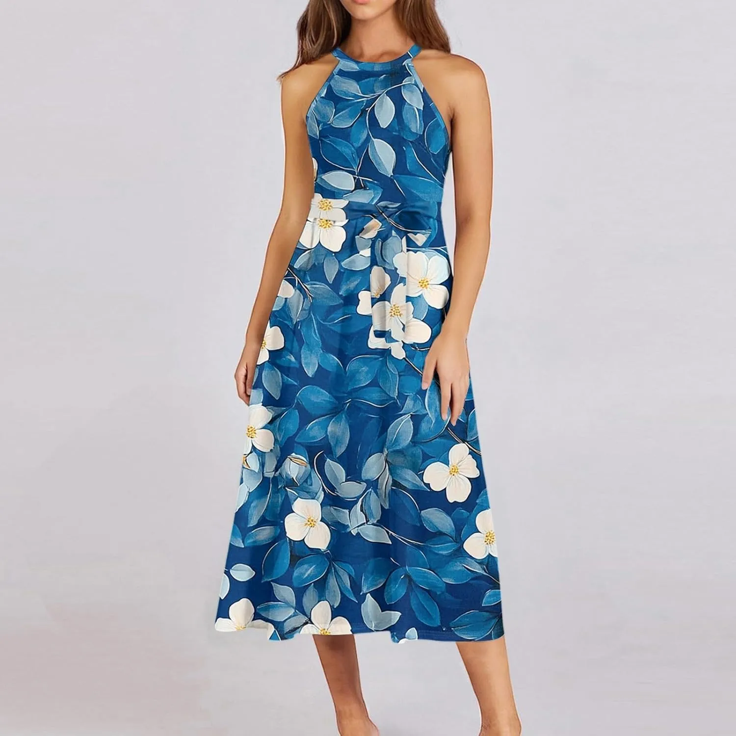 Womens Midi Halter Floral Dresses Casual Summer Flowy A Line Sundress Tie Empire Waist Sleeveless Frocks