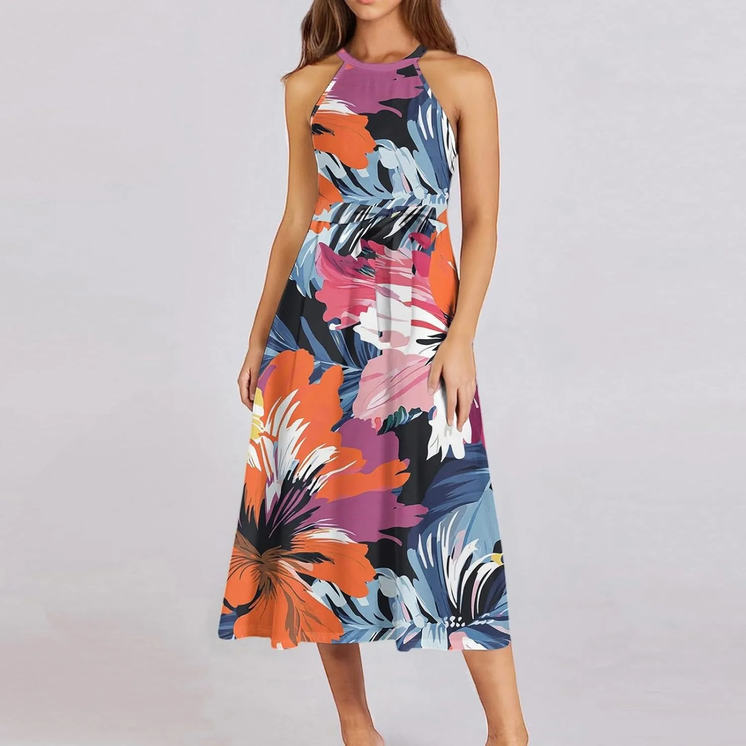 Womens Midi Halter Floral Dresses Casual Summer Flowy A Line Sundress Tie Empire Waist Sleeveless Frocks