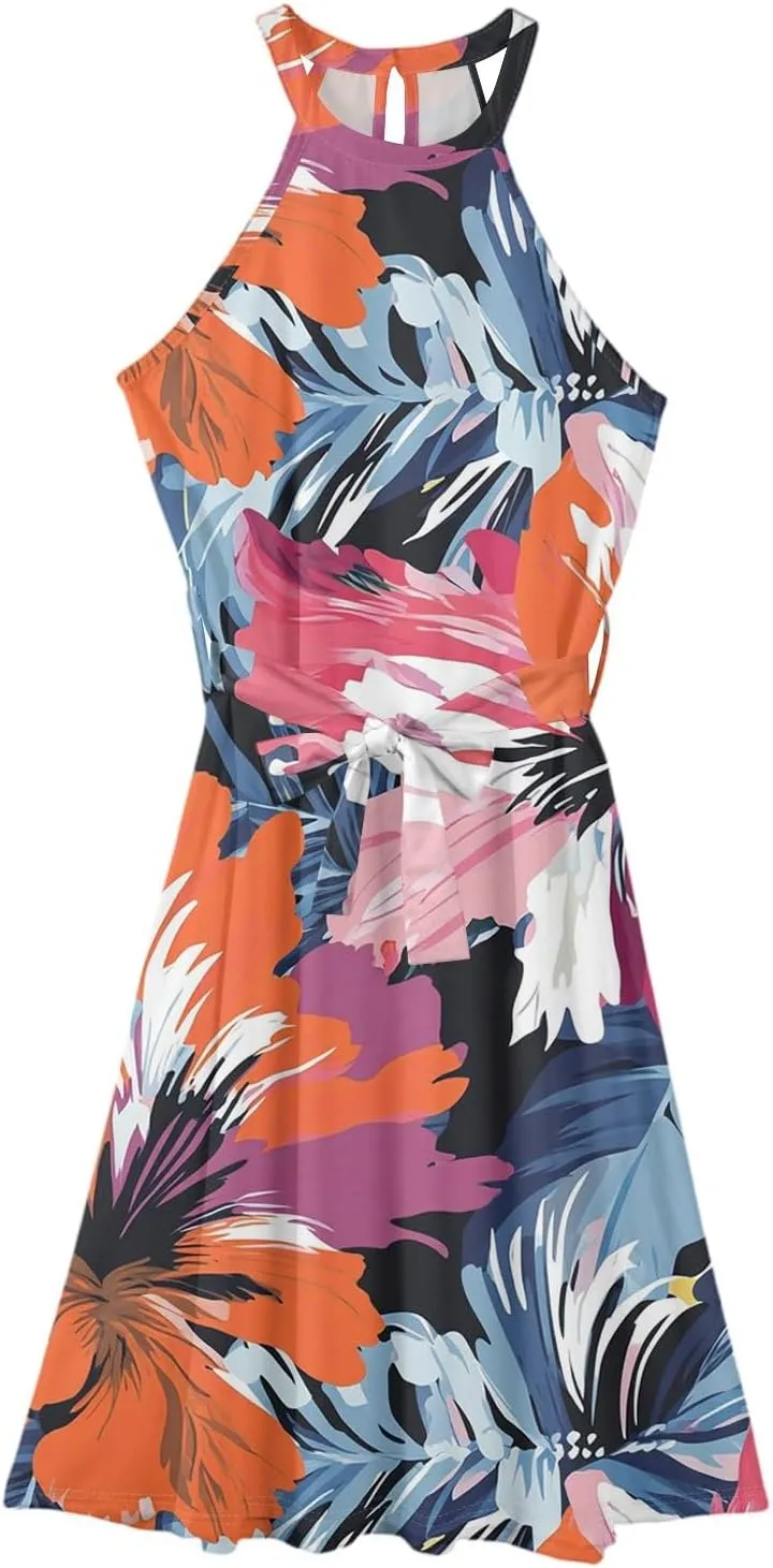 Womens Midi Halter Floral Dresses Casual Summer Flowy A Line Sundress Tie Empire Waist Sleeveless Frocks