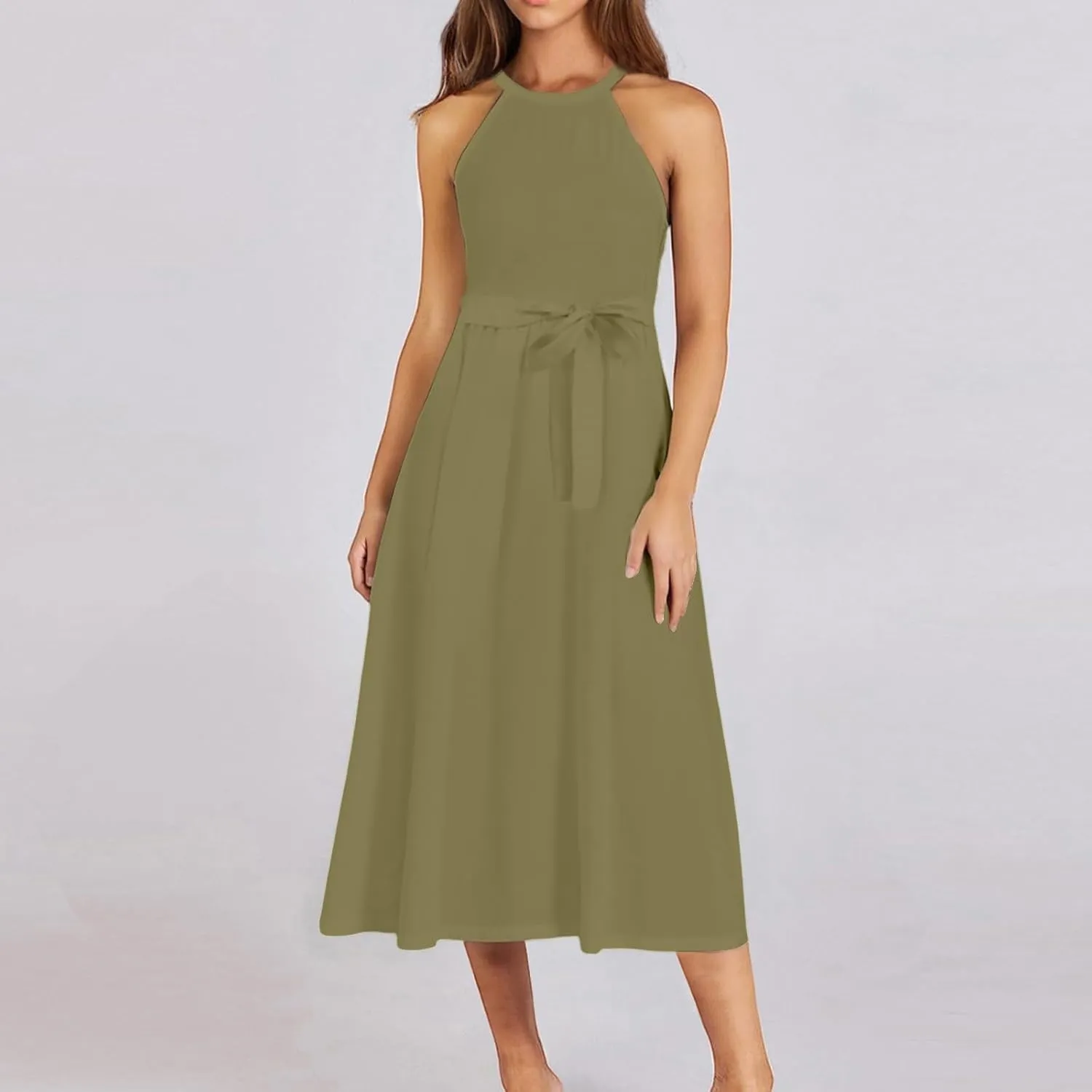 Womens Midi Halter Floral Dresses Casual Summer Sleeveless Flowy A Line Sundress Tie Empire Waist Frocks