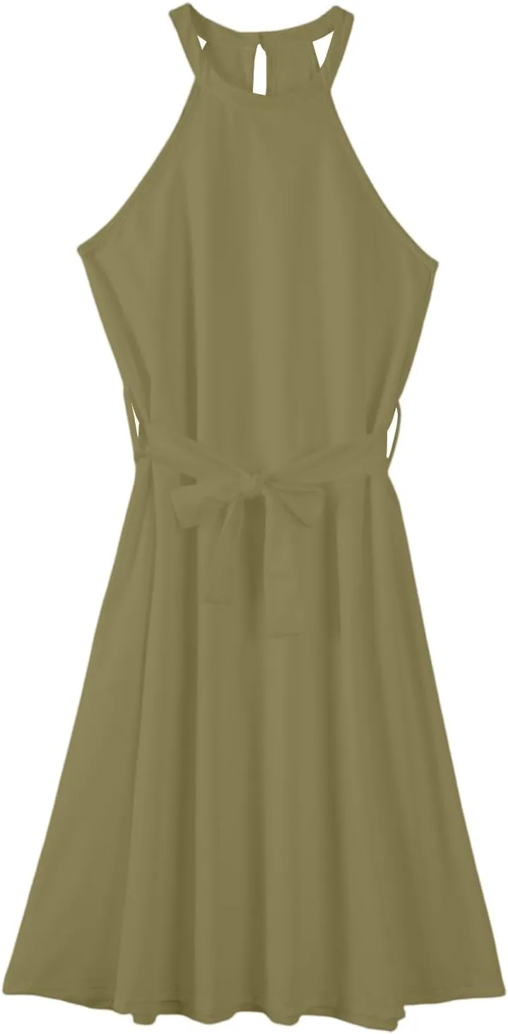 Womens Midi Halter Floral Dresses Casual Summer Sleeveless Flowy A Line Sundress Tie Empire Waist Frocks