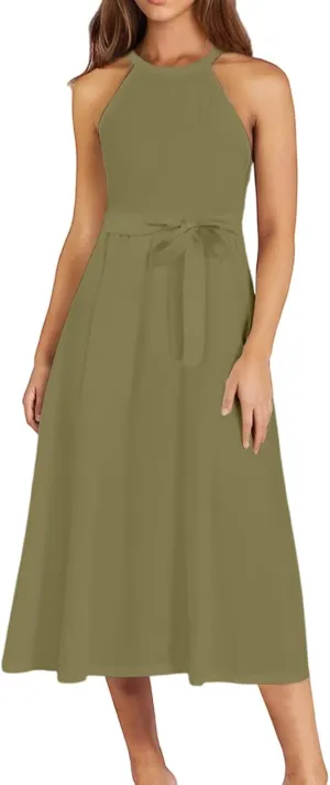Womens Midi Halter Floral Dresses Casual Summer Sleeveless Flowy A Line Sundress Tie Empire Waist Frocks