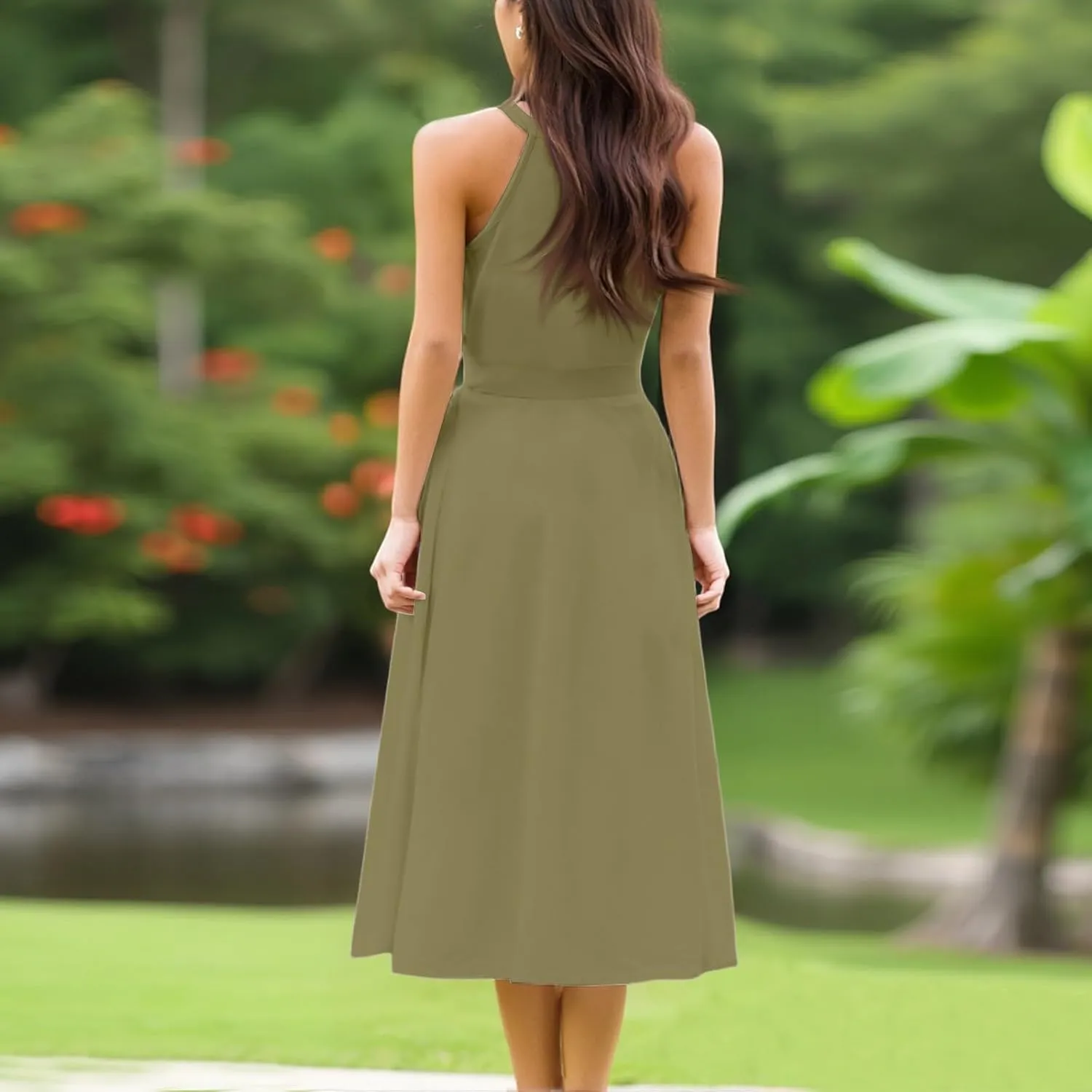 Womens Midi Halter Floral Dresses Casual Summer Sleeveless Flowy A Line Sundress Tie Empire Waist Frocks