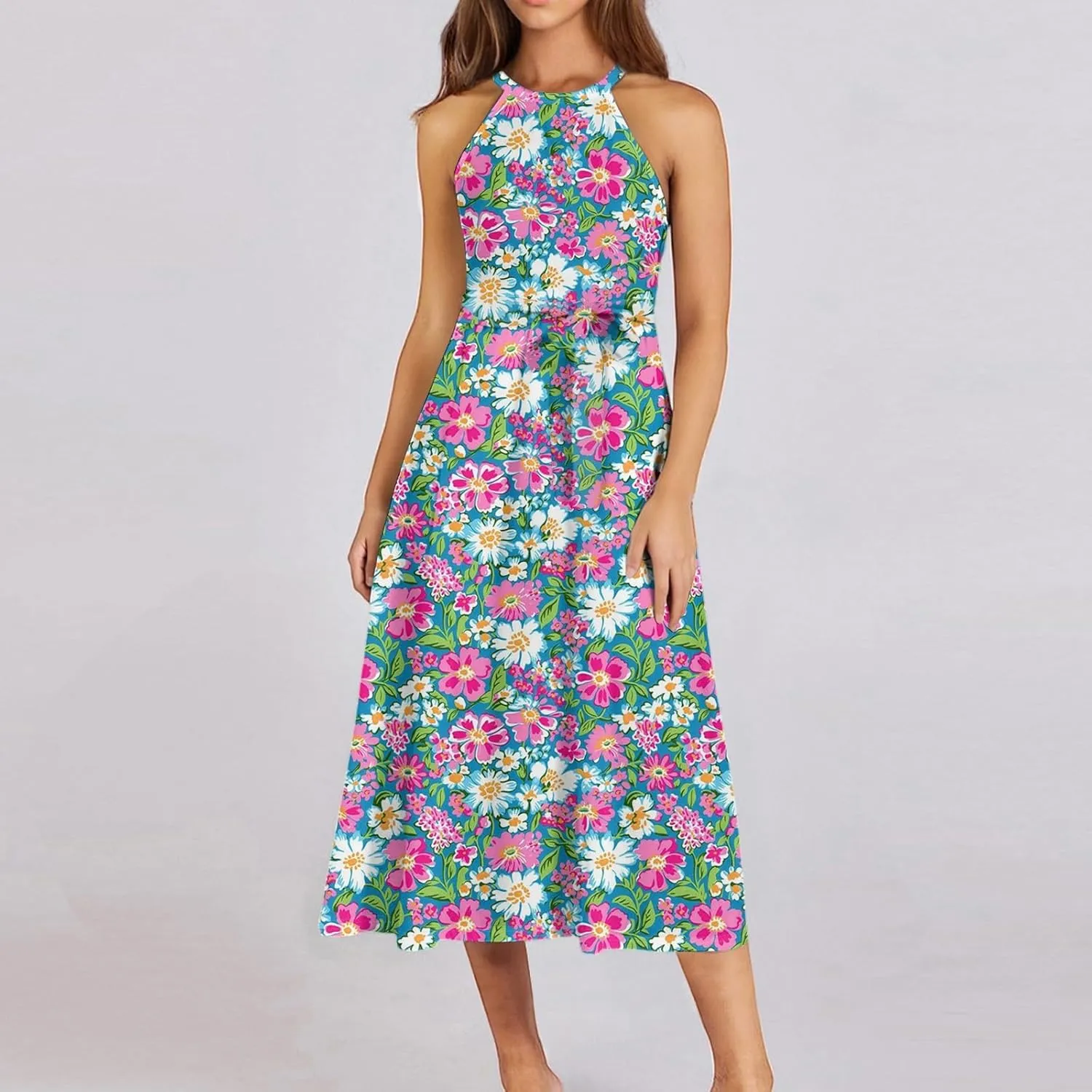 Womens Midi Halter Floral Dresses Casual Summer Sleeveless Tie Empire Waist Flowy A Line Sundress Frocks