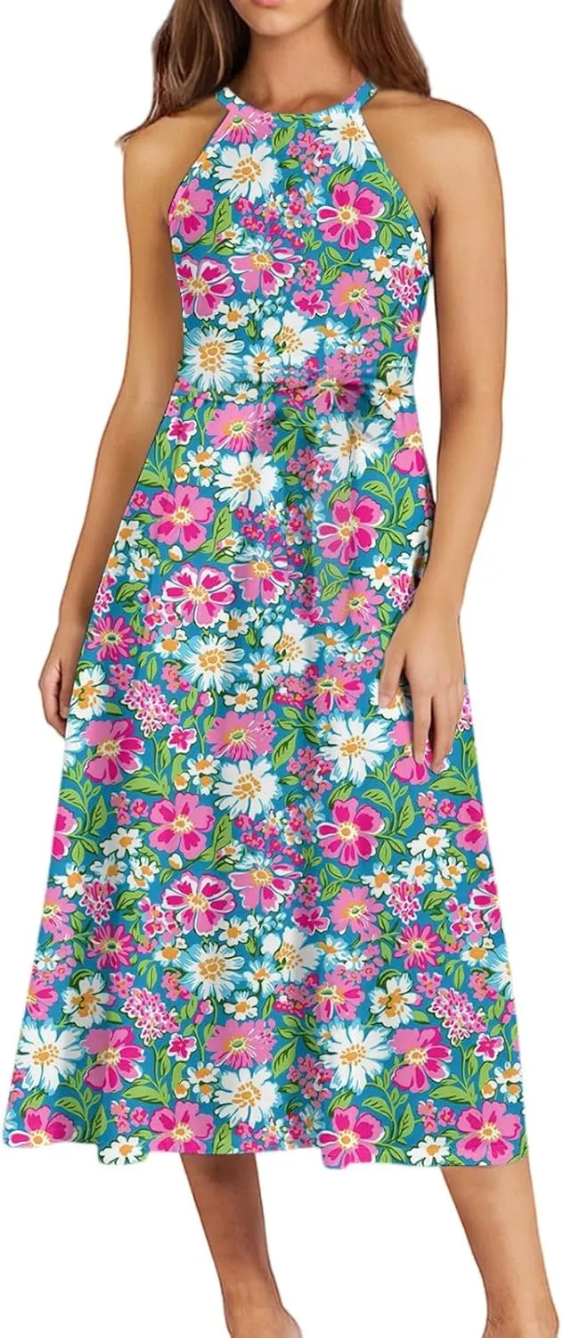 Womens Midi Halter Floral Dresses Casual Summer Sleeveless Tie Empire Waist Flowy A Line Sundress Frocks