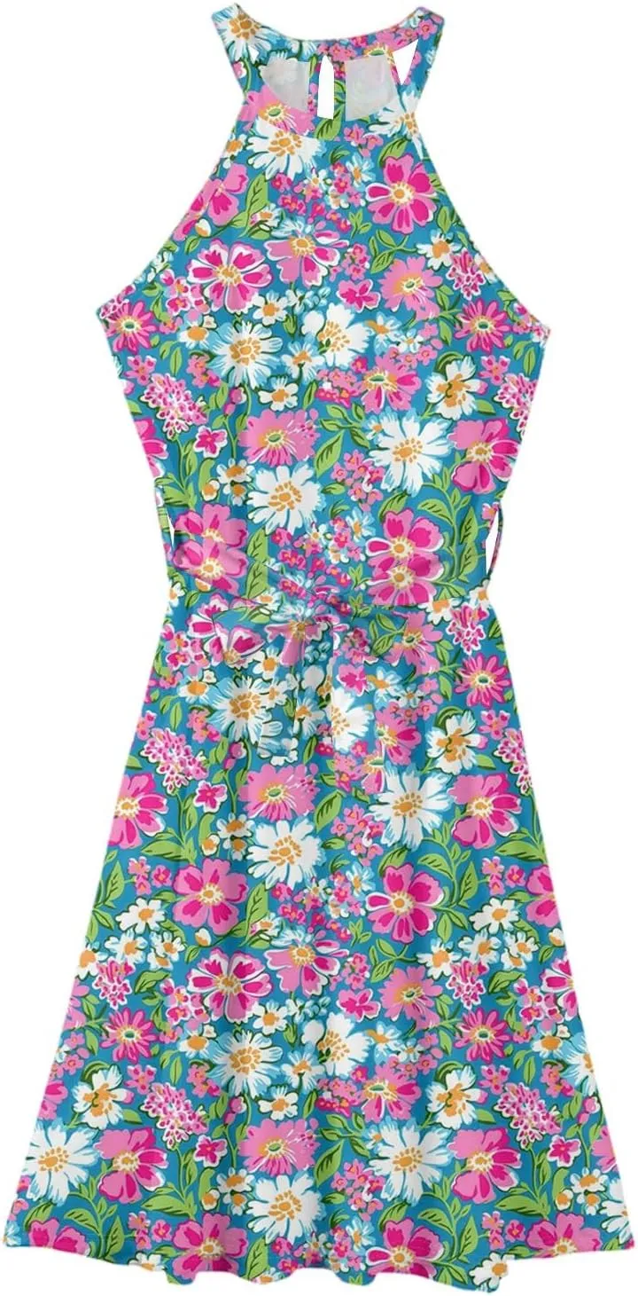 Womens Midi Halter Floral Dresses Casual Summer Sleeveless Tie Empire Waist Flowy A Line Sundress Frocks
