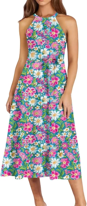 Womens Midi Halter Floral Dresses Casual Summer Sleeveless Tie Empire Waist Flowy A Line Sundress Frocks