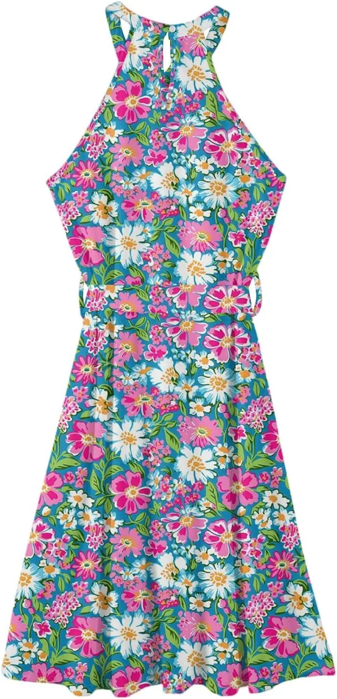 Womens Midi Halter Floral Dresses Casual Summer Sleeveless Tie Empire Waist Flowy A Line Sundress Frocks