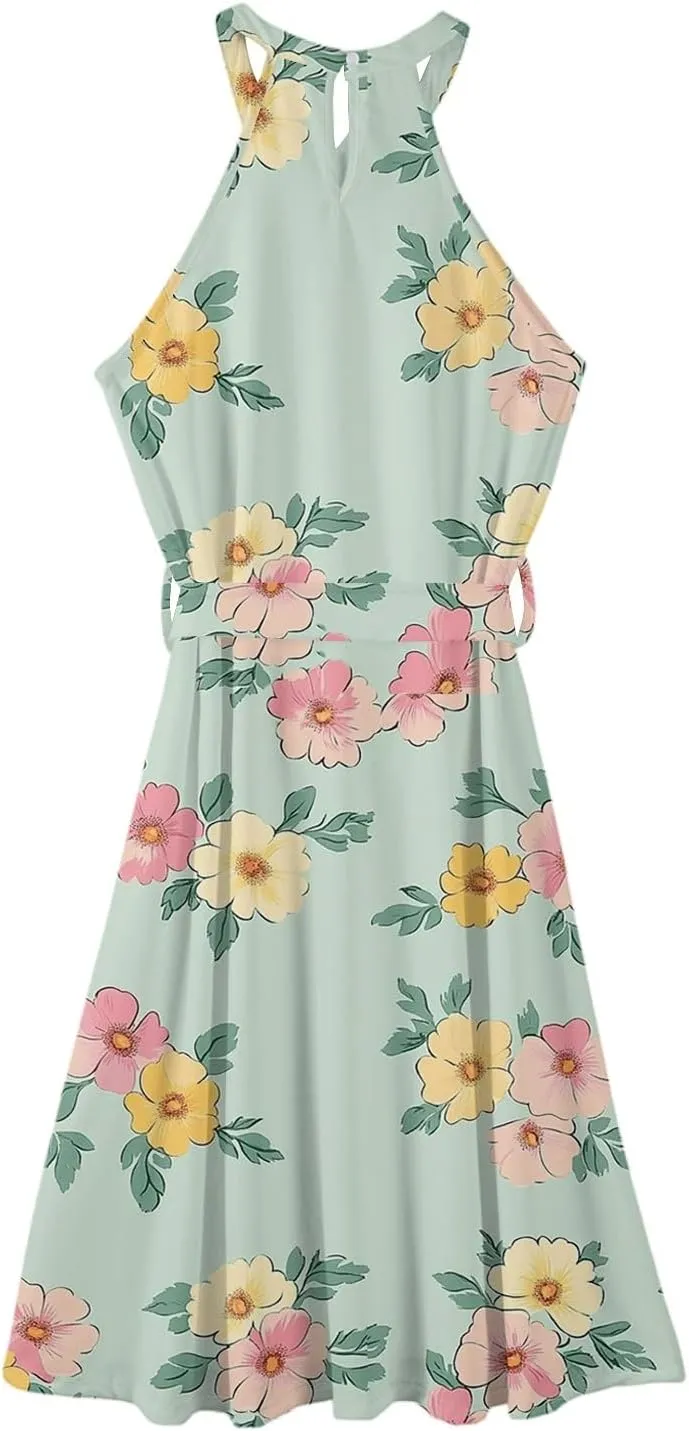 Womens Midi Halter Floral Dresses Casual Summer Tie Empire Waist Sleeveless Frocks Flowy A Line Sundress