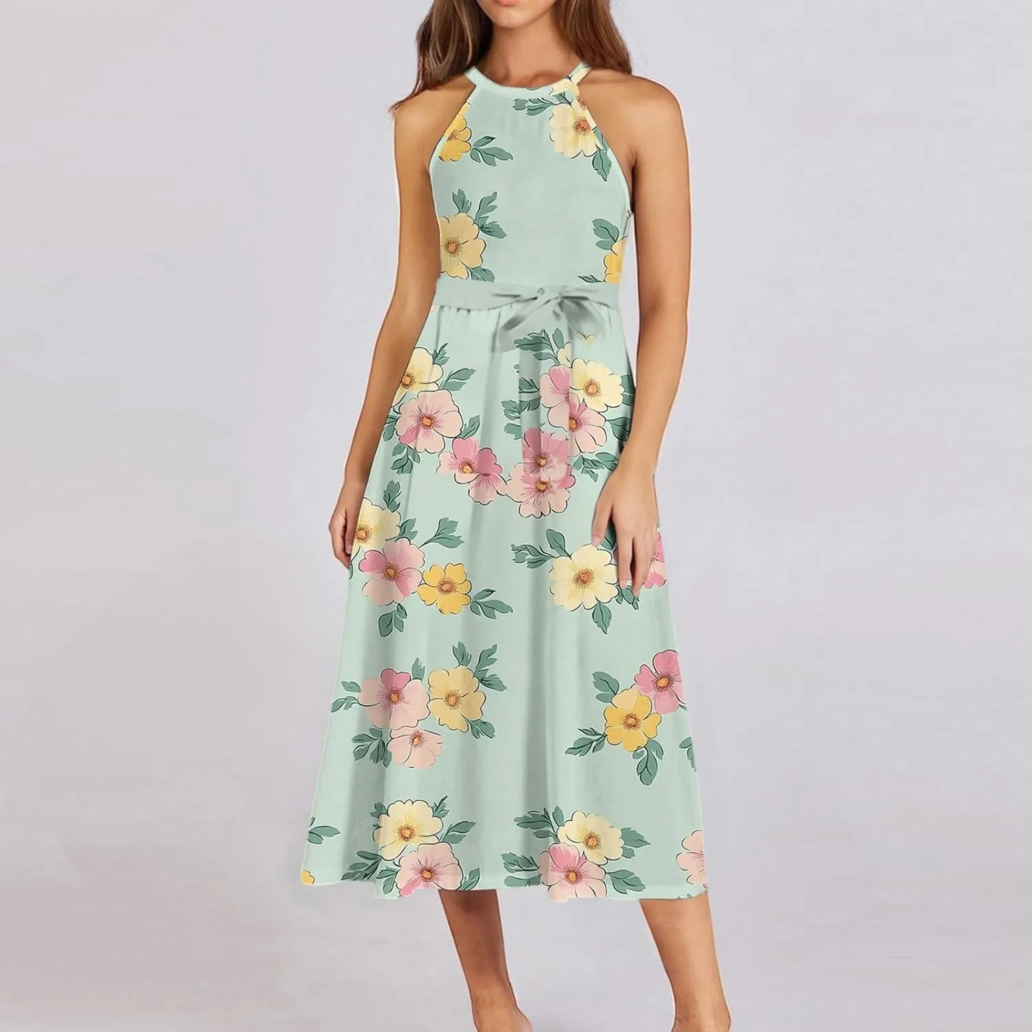 Womens Midi Halter Floral Dresses Casual Summer Tie Empire Waist Sleeveless Frocks Flowy A Line Sundress