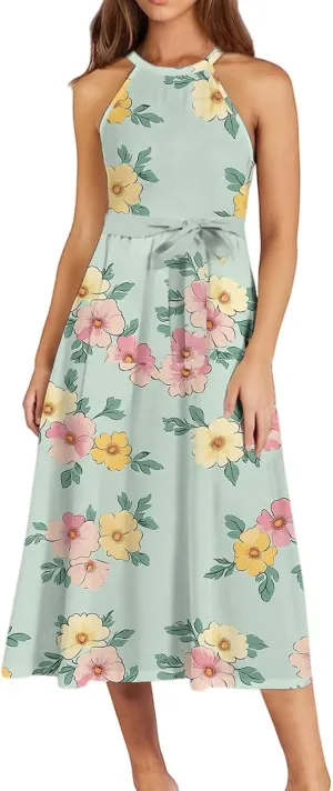 Womens Midi Halter Floral Dresses Casual Summer Tie Empire Waist Sleeveless Frocks Flowy A Line Sundress