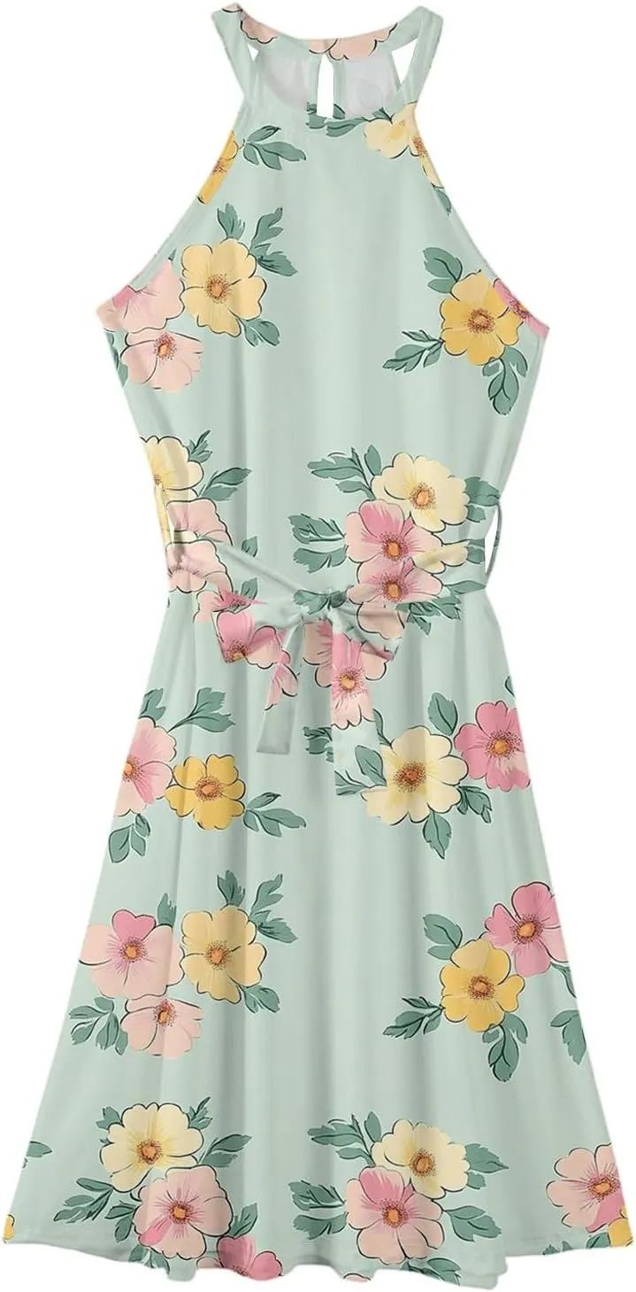 Womens Midi Halter Floral Dresses Casual Summer Tie Empire Waist Sleeveless Frocks Flowy A Line Sundress