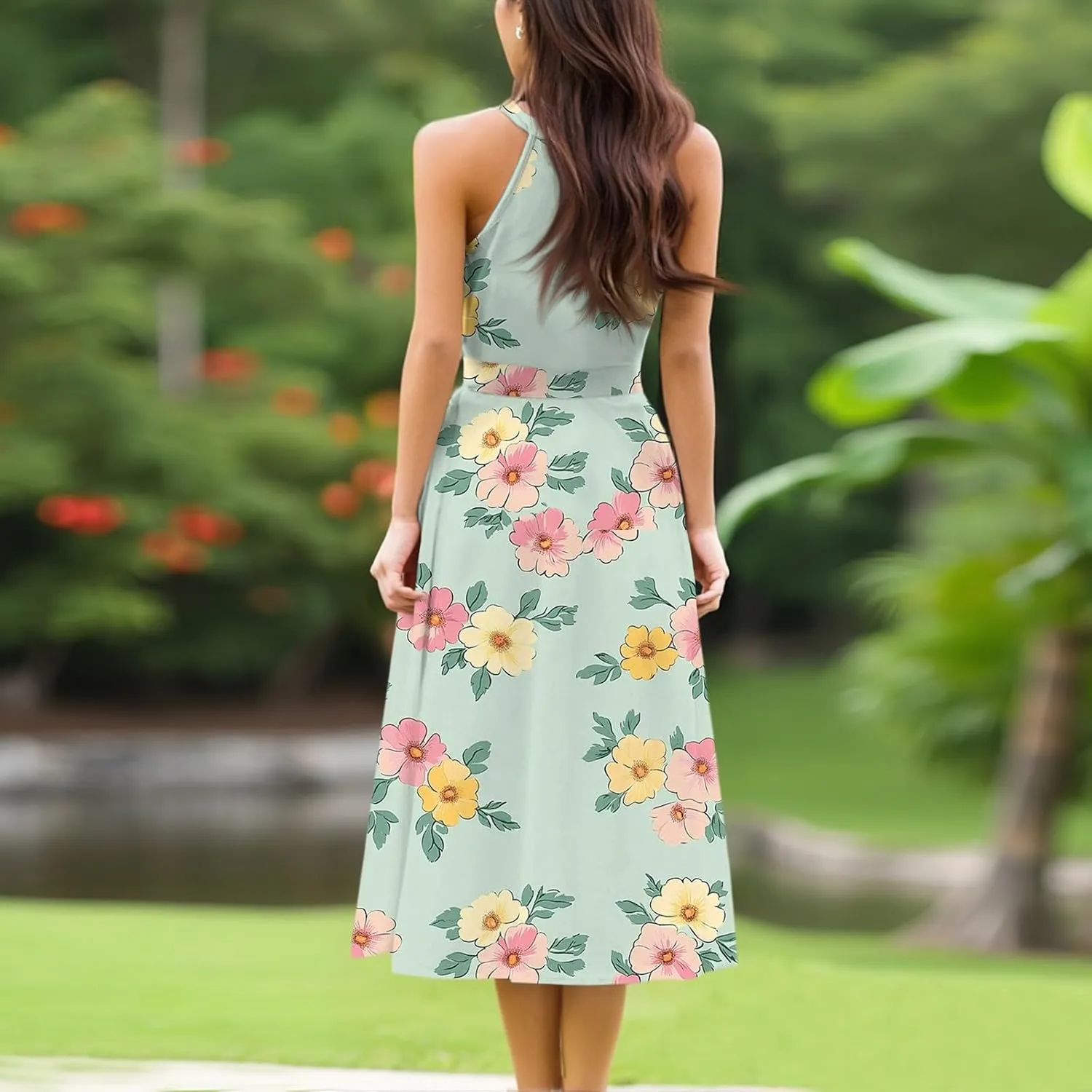 Womens Midi Halter Floral Dresses Casual Summer Tie Empire Waist Sleeveless Frocks Flowy A Line Sundress